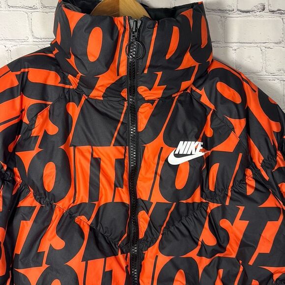 Nike Just Do It All Over Print Puffer Jacket Womens Small Orange Black - Picture 2 of 10